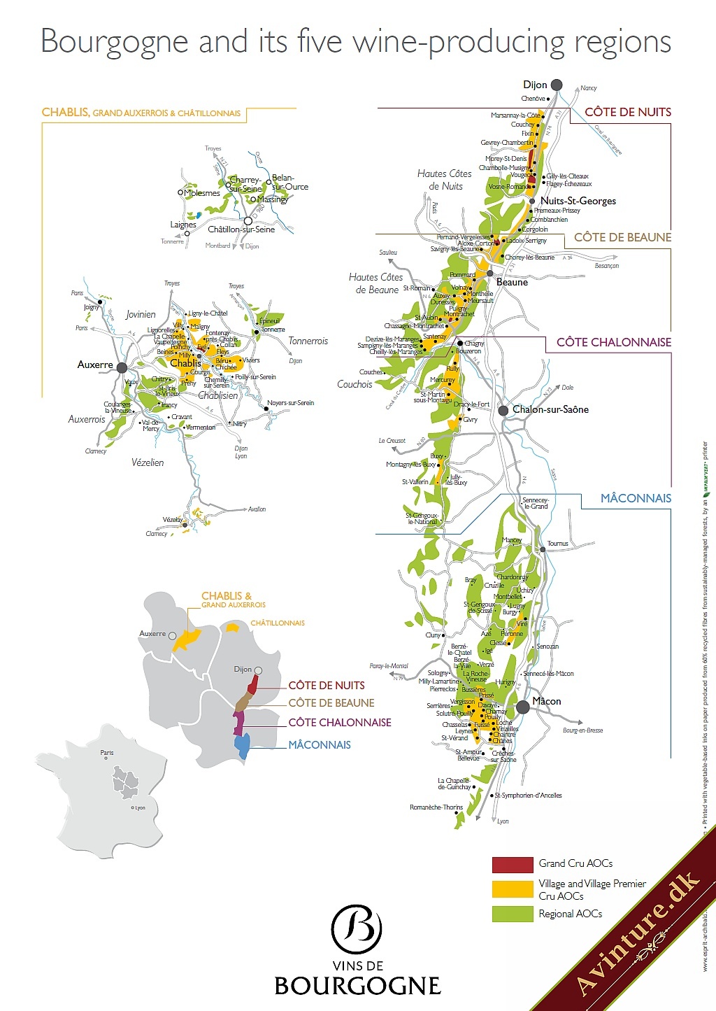 Kort over de 5 vinproducerende områder i Bourgogne = A'vinture